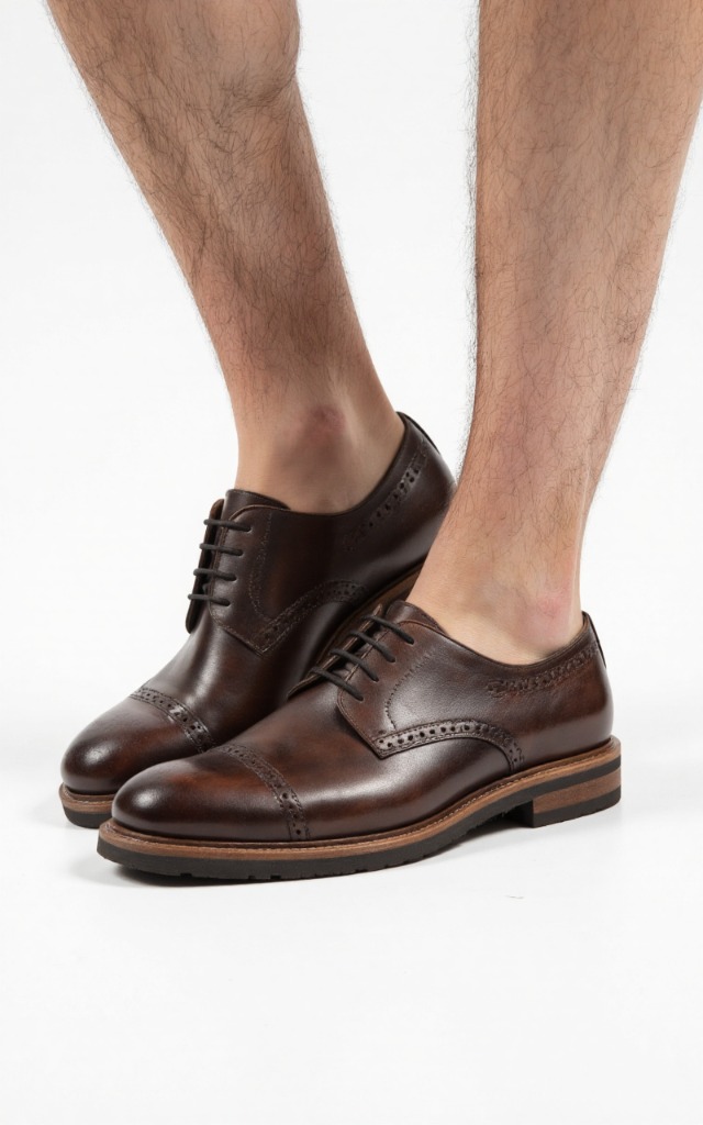 A male model wearing Derby shoes with open lacing, against a white background, with a close   up of the feet